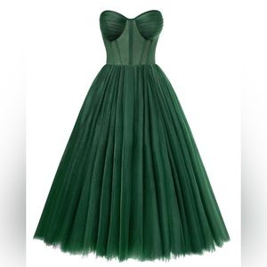Emerald Green Strapless Puffy Midi Tulle Dress by Milla